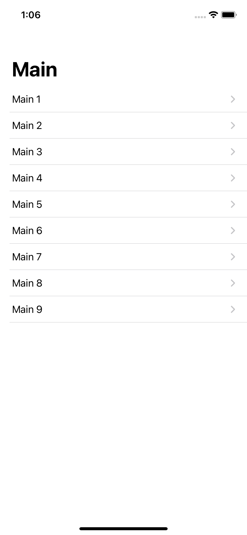 The table view containing rows Main 1, Main 2, ... Main 9 with nav links in all rows