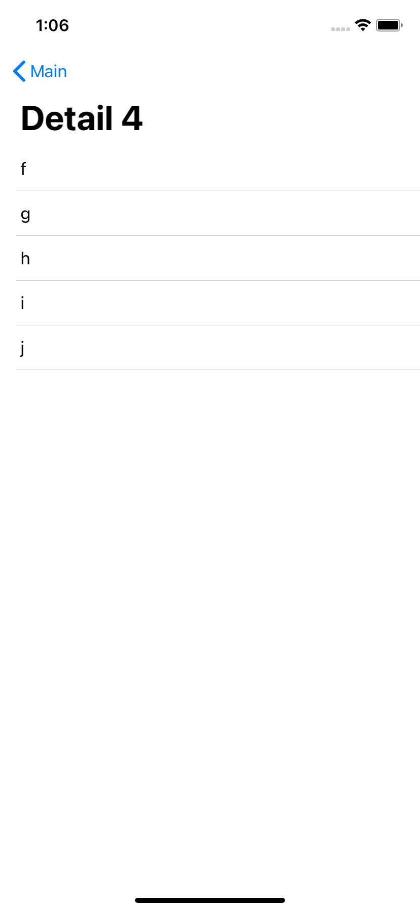 The table view containing rows f, g, h, i, j with nav title Detail 4